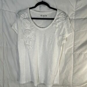 Cato White T Shirt Womens Size L Roses Applique Short Sleeve V Neck Knit Top